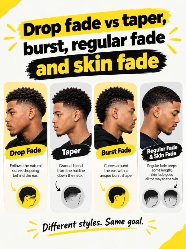 Drop fade vs taper, burst, regular fade and skin fade
