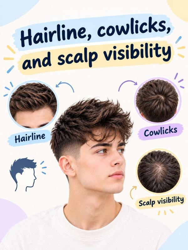 Hairline, cowlicks, and scalp visibility