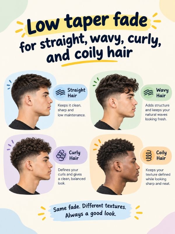 Low taper fade for straight, wavy, curly, and coily hair
