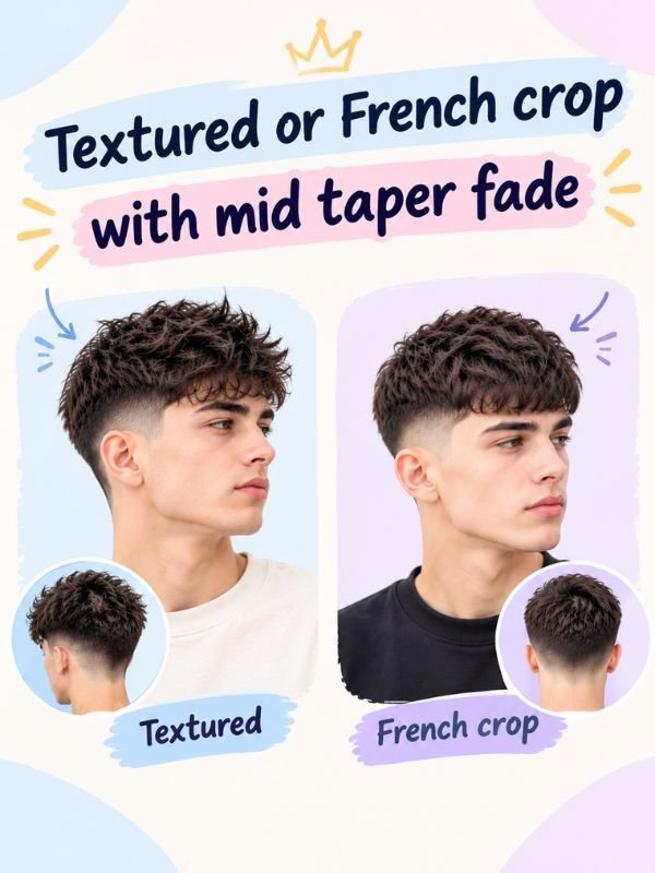 Textured or French crop with mid taper fade